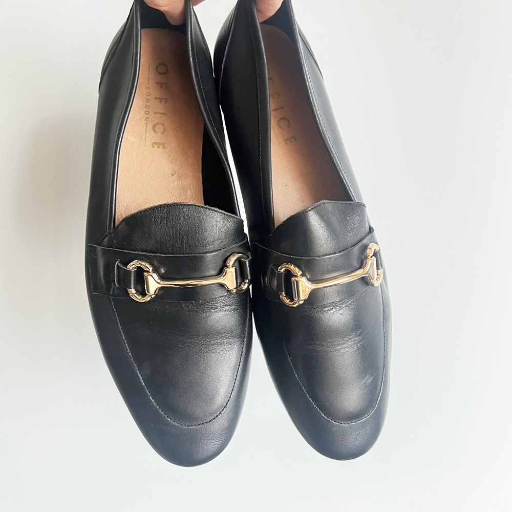 Office London Black Leather Flat Loafers with Gold Buckle Size EU 39